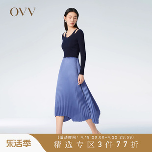 OVV春夏女装优雅浪漫针梭拼接假两件长袖针织连衣裙
