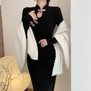 新中式复古改良版黑色旗袍，连衣裙2023秋冬季立领温柔显瘦设计感裙