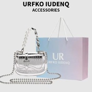 urfkoiudenq珍珠链条斜跨包夏季女包，小众质感迷你手提银色小包包