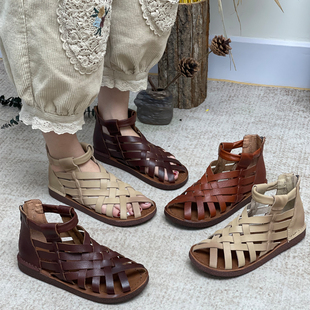 民族风手工复古罗马凉鞋，女休闲平底包跟凉靴牛皮妈妈时尚鱼嘴女鞋