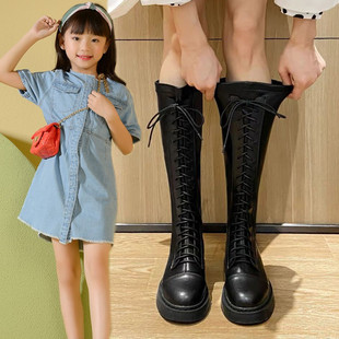 女童靴子2024秋冬季高筒长靴走秀演出单靴儿童，马丁靴加绒公主皮靴