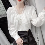 秋季荷叶边蕾丝时尚v领白色衬衫女设计感小众法式百搭上衣女