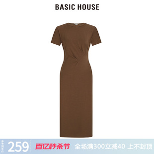 Basic House/百家好连衣裙女2023夏款简约高级感修身圆领OL风裙子