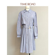 Time RoaD/汤米诺2023年冬季蓝色条纹系带衬衫连衣裙T25333191803
