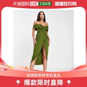 香港直邮潮奢tall女士设计长筒露肩前扭纹，橄榄绿中长连衣裙