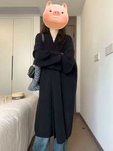微胖MM韩系慵懒风宽松黑色毛衣外套秋季气质长款中针织开衫女