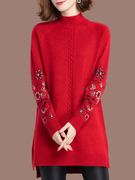 羊毛衫女中长款大码妈妈，装本命年红毛衣裙，秋冬针织打底衫加厚