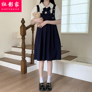甜美日系连衣裙少女夏季初(夏季初)中高中学生，收腰显瘦假两件背带裙子