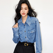 沐娜希纯棉牛仔衬衫女长袖，2024春季衬衣韩版设计感小众女上衣
