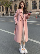粉色双面绒大衣女2023年秋冬韩版宽松中长款洋气系带毛呢外套