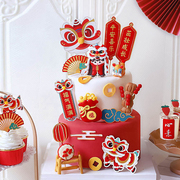 新中式国潮风儿童宝宝周岁满月蛋糕，装饰品醒狮锦鲤，甜品台派对装扮