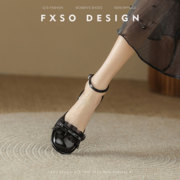 「fxso方巷」2024年春季法式单鞋女圆头，粗跟一字扣蝴蝶结凉鞋
