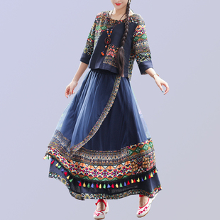 中国风傣族女装春季丽江云南服装女民族风复古两件套藏青色套装