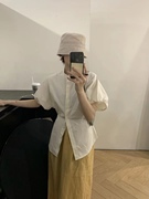 Sanli 设计款小立领泡泡袖收腰衬衫 韩国修身简约显瘦短袖上衣