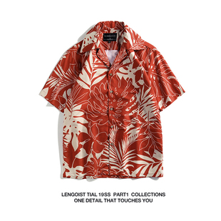 日系风格男女宽松夏威夷红色，大花休闲复古70s海岸，透气短袖衬衫