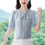 女士短袖雪纺衫，2023系带衬衫上衣，设计感小众独特别致亮片小衫