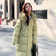 绿色连帽羽绒棉服女冬季韩版高级感宽松胸标口袋长款棉衣外套