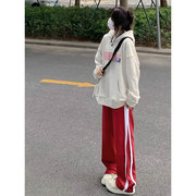 oversize酒红色裤子男秋季美式复古条纹校服卫裤hiphop直筒运动裤