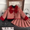 巴拉女童新年服两件套外套韩版女童小香风红格蝴蝶结套装加棉套装
