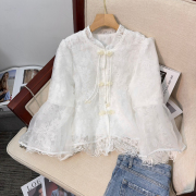 新中式白色喇叭袖重工刺绣，真丝衬衫国风，洋气小衫蕾丝欧根纱短上衣