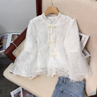 新中式白色喇叭袖重工刺绣真丝衬衫国风洋气小衫蕾丝欧根纱短上衣