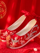2023明制汉服婚鞋中式平底女古风结婚刺绣，新娘鞋子配秀禾服的