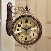 欧式双面客厅挂钟静音两面时钟实木复古石英钟表墙壁钟表时尚创意