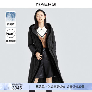 naersi娜尔思黑色保暖连帽羊，皮革中长款羽绒服外套女秋冬