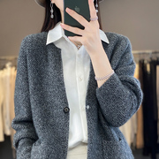 秋冬100纯羊绒开衫，女v领一粒扣外套，宽松加厚羊毛针织长袖毛衣