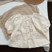 女童短袖上衣夏季儿童可爱衬衫，女宝宝小众，圆领森系刺绣娃娃衫