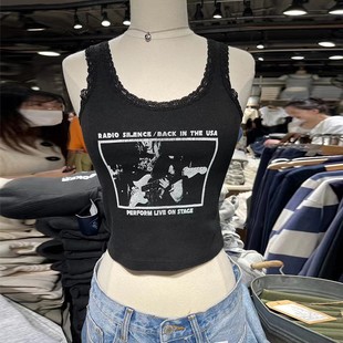 Brandy BM美式蕾丝边摇滚乐队印花吊带女bm性感纯棉内搭背心上衣