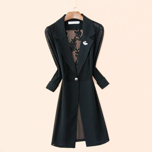 垂感黑色蕾丝小西装外套女中长款薄款开衫七分袖网纱西服夏季外搭