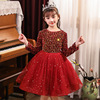秋冬款女童衣袖长袖星空浪漫蓬蓬裙摆范演出红色加绒连衣裙 M9913