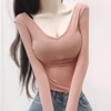 韩国女装深de我心的性感，露背大v领薄款粉色长袖，打底衫上衣t恤女