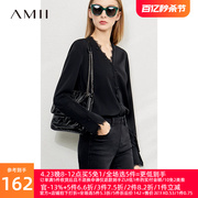 amii2024秋季v领衬衫，女高级感衬衣，蕾丝拼接上衣黑色雪纺衫