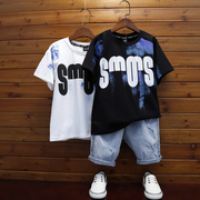 儿童白色黑色休闲字母印花T恤男童夏季韩版打底短袖上衣