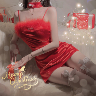网红主播圣诞元旦短款小礼服毛毛性感抹胸，吊带连衣裙新娘红色睡裙