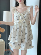 夏季韩版甜美蕾丝睡衣女，纯棉双纱小碎花，无袖带胸垫吊带家居服套装