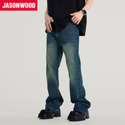 Jasonwood/坚持我的常规牛仔裤直通水洗渐变做旧风宽松垂感长裤男