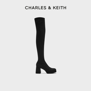 charles&keith秋冬女靴，ck1-90580182加绒防水台高跟，过膝长靴女