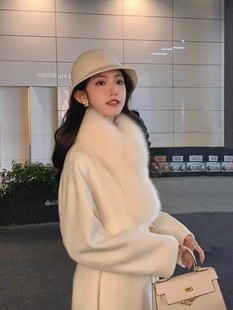 留洋千金2023冬季双面，羊绒大衣女长款毛呢，高级感白色毛领外套