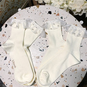 日本单针织蕾丝网纱花边短袜子珍珠钉珠手工奶白气质甜美萝莉