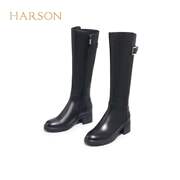 HA227171哈森2022冬季粗跟圆头时尚舒适牛皮骑士靴长靴高筒靴