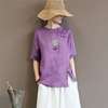 中国风斜襟盘扣上衣女亚麻毛边，休闲紫色中式女装圆领棉麻衬衫夏