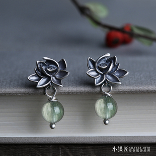 小众设计925纯银耳环女 天然绿发水晶莲花时尚气质复古耳钉坠饰品