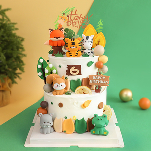 卡通儿童生日蛋糕装饰热带，小动物玩偶摆件鳄鱼，河马狐狸松鼠长颈鹿