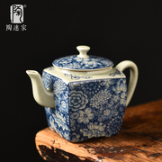 陶迷汝窑青花茶壶老陶泥汉瓦壶家用复古单壶过滤壶开片可养茶具