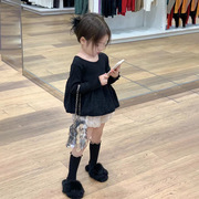 2023春夏季韩版女童黑色长袖衬衣上衣娃娃衫花苞裤两件套装潮