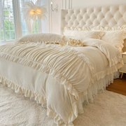 夹棉床盖公主风牛奶绒四件套冬季加厚花边被套珊瑚绒蕾丝床单床品