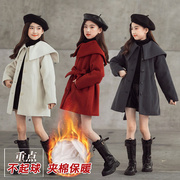 女童大中童外套红色2022中长款呢大衣儿童洋气，夹棉毛呢冬大衣